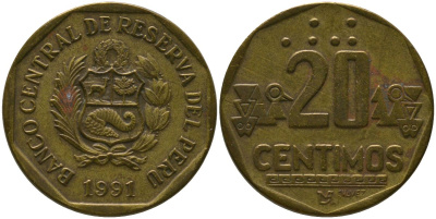 Перу 20 сентимо 1991 LIMA KM 306.1, Schon 105 латунь 4541-454