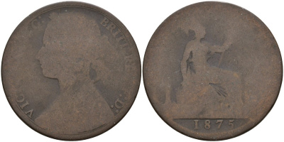 Великобритания 1 пенни 1875 Виктория (1837-1901) KM 755, Spink 3954 бронза 4144-642