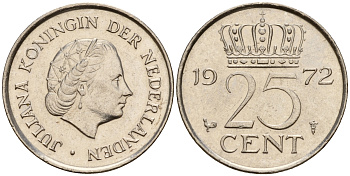 Нидерланды 25 центов 1972 Юлиана (1948-1980) KM 183 никель    4598-465