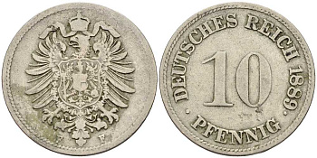 Германия 10 пфеннигов 1889 F, старогарбовка KM 4, Jager 4, Weege 7 медно-никель 4401-335