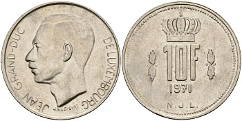 Люксембург 10 франков 1971 Великий герцог Жан (1964-2000) KM 57 никель 4120-1134