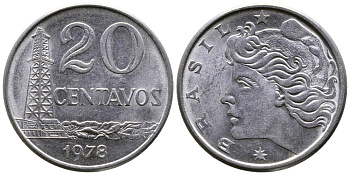 Бразилия 20 сентаво 1978 голова Свободы влево KM 579.1a, Schon 84b нержавеющая сталь 93-1126