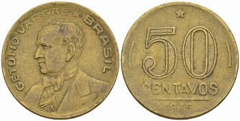 БРАЗИЛИЯ 50 СЕНТАВО 1945 ВАРГАС KM 557а алюминиевая бронза 108-1127