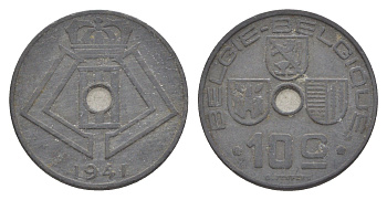 Бельгия 10 сантимов 1941 Belgie - Belgique, Леопольд III (1934-1947), германская оккупация, Вторая мировая война KM 126 цинк 4639-111