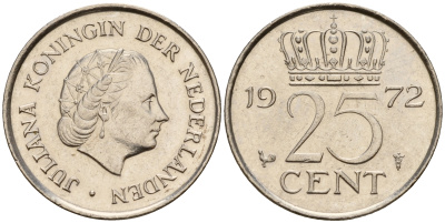 Нидерланды 25 центов 1972 Юлиана (1948-1980) KM 183 никель    4598-465