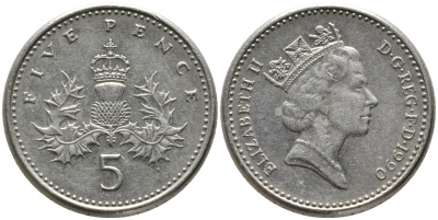 Великобритания 5 пенсов 1990 Елизавета II (1952-2022) KM 937b, Spink 4372 (D4) медно-никель 99-1063