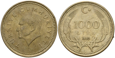 Турция 1000 лир 1993 Кемаль Ататюрк KM 997 медь цинк никель 4601-713