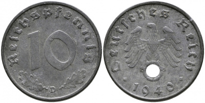 ГЕРМАНИЯ 10 РЕЙХСПФЕННИГОВ 1940 D, KM 101, J. 371 цинк 4525-1222