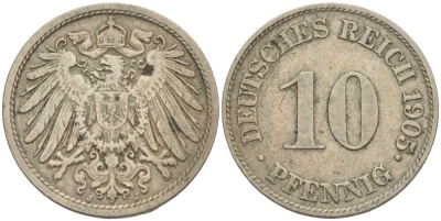 Германия 10 пфеннигов 1905 J KM 12, J. 13 медно-никель 34-255