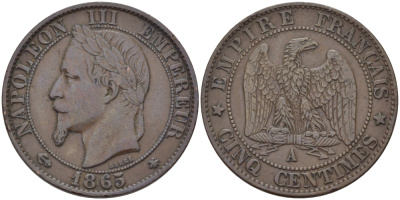 ФРАНЦИЯ 5 САНТИМОВ 1965 А, НАПОЛЕОН III KM 797.1 бронза 28-644