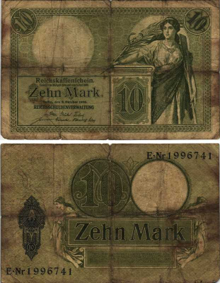 ГЕРМАНИЯ 10 МАРОК 1906 6 ОКТЯБРЯ 1906, СЕМИЗНАЧНЫЙ НОМЕР Pick 9b бумага 7205-38-2-1