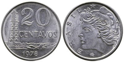 Бразилия 20 сентаво 1978 голова Свободы влево KM 579.1a, Schon 84b нержавеющая сталь 93-1126