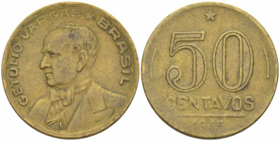 БРАЗИЛИЯ 50 СЕНТАВО 1945 ВАРГАС KM 557а алюминиевая бронза 108-1127