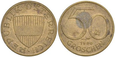 АВСТРИЯ 50 ГРОШЕЙ 1980 KM 2885 алюминиевая бронза 4528-725