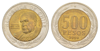 Чили 500 песо 2000 кардинал Рауль Сильва Энрикес (1907-1999) KM 235 биметалл UNC 4641-536