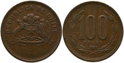 Чили 100 песо 1993 So KM 226.2, Schon 71 алюминиевая бронза 4544-1143