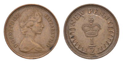 Великобритания 1/2 пенни 1974 Елизавета II (1952-2022) KM 914, Spink 4239 бронза 4697-913