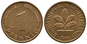 ФРГ 1 ПФЕННИГ 1986 F KM 105, J.380 сталь плакированная медью 179-1026