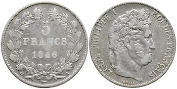 Франция 5 франков 1846 А, Луи Филипп I (1830-1848) LE FRANC 325.10, KM 749.1 серебро 79-1224