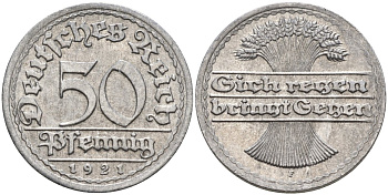 Германия 50 пфеннигов 1921 F KM 27, J.301, Weege 10 алюминий UNC 4584-752