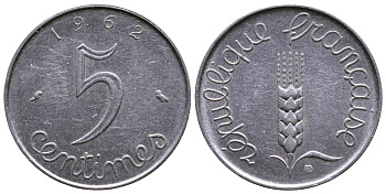ФРАНЦИЯ 5 САНТИМОВ 1962 KM 927 хромированная сталь 26-962