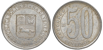 Венесуэла 50 сентимо 2007 Y 92 сталь плакированная никелем 4606-445