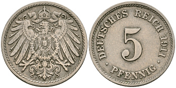 Германия 5 пфеннигов 1911 F KM 11, Jager 12, Weege 6 медно-никель 08-1418