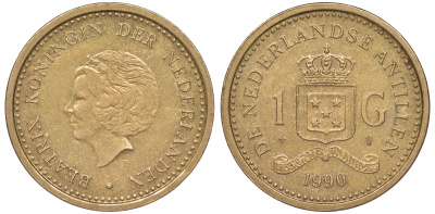 Нидерландские Антилы 1 гульден 1990 Беатрикс (1980-2013) KM 37 позолоченная сталь 25-2013