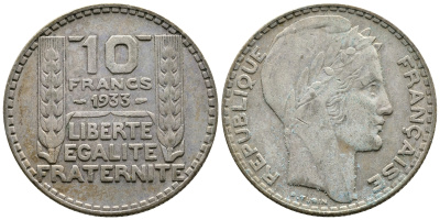 Франция 10 франков 1933 Пьер Тюрен KM 878, Le Franc 360.6 серебро 63-934