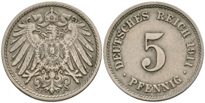 Германия 5 пфеннигов 1911 F KM 11, Jager 12, Weege 6 медно-никель 08-1418