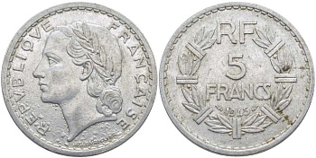 ФРАНЦИЯ 5 ФРАНКОВ 1945 9 ОТКРЫТАЯ KM 888b.1, LE FRANC 339.3 алюминий 111-1122
