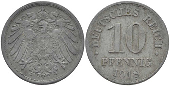 ГЕРМАНИЯ 10 ПФЕННИГОВ 1918 KM 26, J. 299 цинк 4401-127