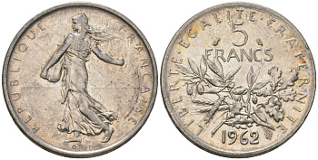 Франция 5 франков 1962 сеятель KM 926, Le Franc 340.6 серебро 4389-232