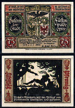 Фюрстенвальде (Пруссия, Бранденбург) 75 пфеннигов 1921 Mehl Grabowski 403.1a-12/15 бумага UNC (пресс) 7555-52-4-2