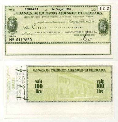 Италия чек на 100 лир 1976 Banca Di credito agrario Di ferrara, ассоциация фермеров провинции ferrara, серия D, 24 июня 1976 бумага UNC (пресс) 8588-13-4-1