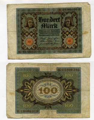 Германия 100 марок 1920 Бамбергский всадник, 8 цифр в номере Pick 69 b, Розенберг 69b бумага 8619-37-2-1