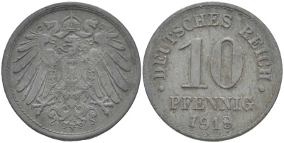 ГЕРМАНИЯ 10 ПФЕННИГОВ 1918 KM 26, J. 299 цинк 4401-127