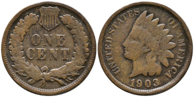 США 1 ЦЕНТ 1903 ИНДЕЕЦ, INDIAN HEAD KM 90а бронза 4543-547