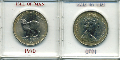 Остров Мэн 1 крона 1970 кошка Мэна, в оригинальной пластиковой коробке KM 18 медно-никель UNC 6-6-1-43