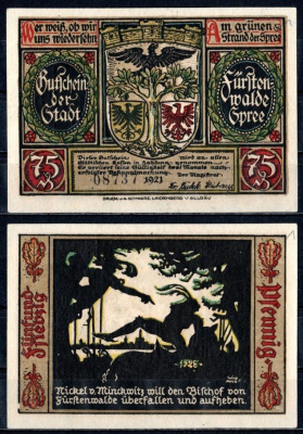 Фюрстенвальде (Пруссия, Бранденбург) 75 пфеннигов 1921 Mehl Grabowski 403.1a-12/15 бумага UNC (пресс) 7555-52-4-2