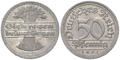 Германия 50 пфеннигов 1921 F KM 27, J. 301 алюминий 113-552
