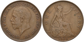 Великобритания 1 пенни 1928 Георг V (1910-1936) КМ 826, Spink 4054 бронза 4144-513