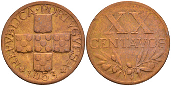 ПОРТУГАЛИЯ 20 СЕНТАВО 1953 KM 584 бронза 4546-912