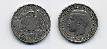 ГРЕЦИЯ 1 ДРАХМА 1966 КОНСТАНТИН II (1964-1973) KM 89 медно-никель 41-1127