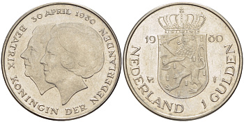 Нидерланды 1 гульден 1980 на коронацию Беатрикс, 30 апреля 1980 KM 200 никель 31-832