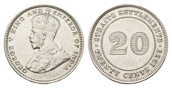 Стрейтс-Сетлментс (Стрейтс Сетлментс) 20 центов 1935 Георг V (1910-1936) KM 30b серебро 4671-145