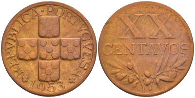 ПОРТУГАЛИЯ 20 СЕНТАВО 1953 KM 584 бронза 4546-912
