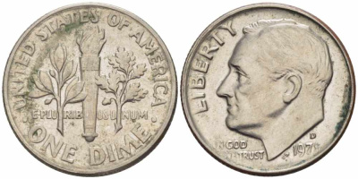 США 10 ЦЕНТОВ = 1 ДАЙМ 1971 D, РУЗВЕЛЬТ KM 195а медь плакированная медно-никелем 105-653