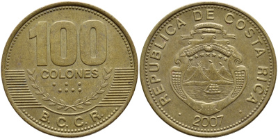 КОСТА-РИКА 100 КОЛОН 2007 B.C.C.R. KM 240а сталь плакированная латунью 59-335
