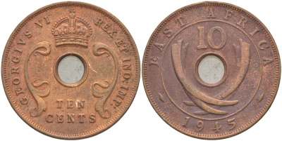 Британская Восточная Африка 10 центов 1945 Георг VI (1936-1952) KM 26.2 бронза 3333-1212